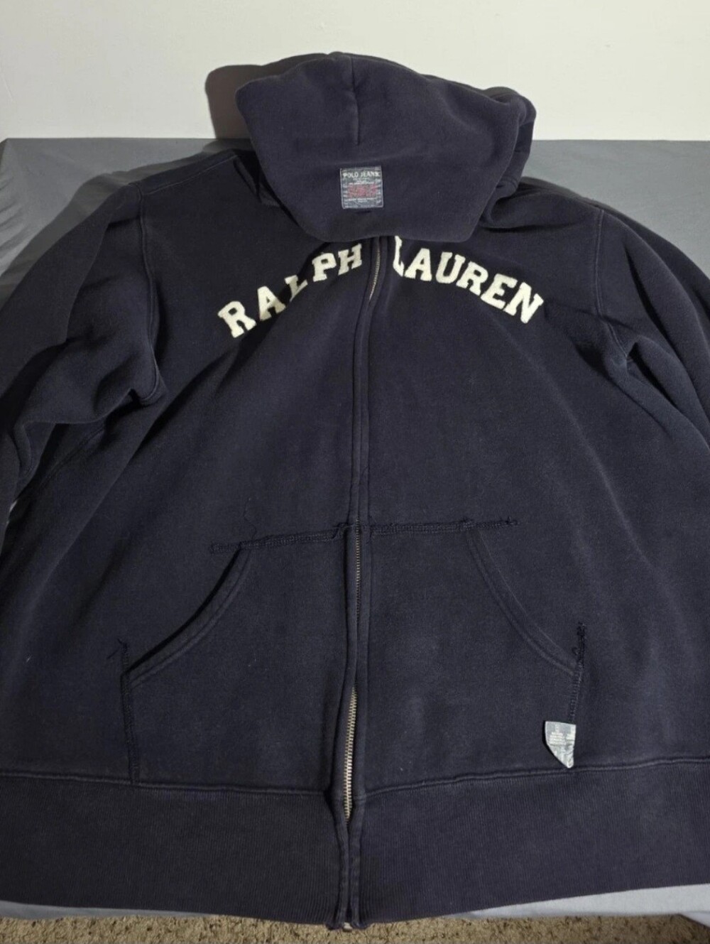 Ralph Lauren VTG Size 2XLT Navy Blue Arched Logo Zip Hoodie